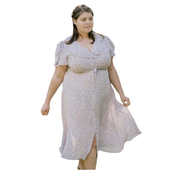 Christy Dawn Dresses & Skirts - Christy Dawn Midi Dress Lavender Floral Ruffle Collar Button Up Tie Waist 3X